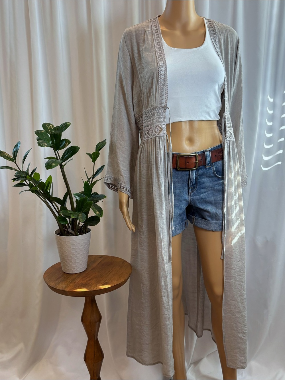 Rebellion Again Gauzy Sheer Maxi Kimono Duster Boho Grey Size Medium
